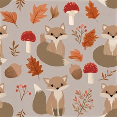 Obraz premium Cute fox seamless pattern with autumn leaves and berries, woodland nursery theme, playful forest decor, charming wildlife illustration.