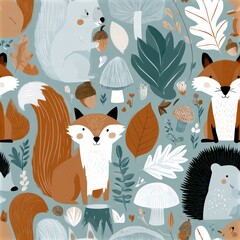 Fototapeta premium Autumn fox seamless pattern with woodland foliage, playful forest theme, charming wildlife decor, colorful nursery illustration.