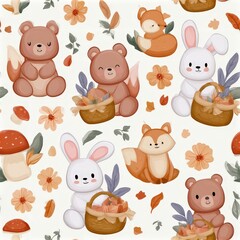 Fototapeta premium Cute fox and bear seamless pattern with flowers and mushrooms, woodland nursery theme, playful forest illustration.