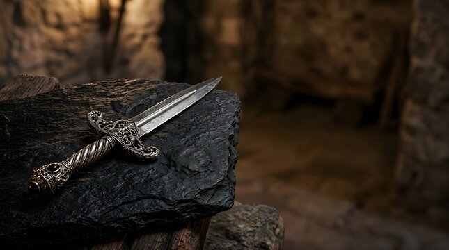 Ancient ornate dagger with silver hilt resting on a dark stone pedestal