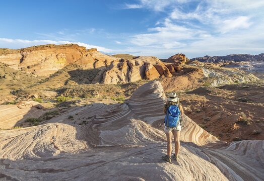Tourist, hiker at the Fire Wave Sandstone Formation, behind Sleeping Lizard rock formation, Valley of Fire State Park, Nevada, USA
