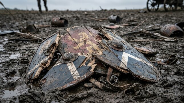Pile of Splintered Viking Shield Fragments Lying in Muddy Battlefield