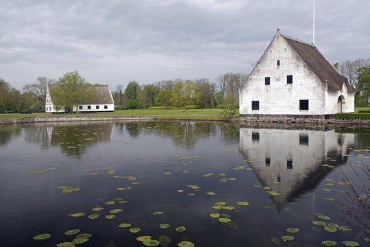A white manor house on the banks of a pond, with clear reflections and floating water lilies, Gyldensteen Gods, manor house route, Funen, Denmark