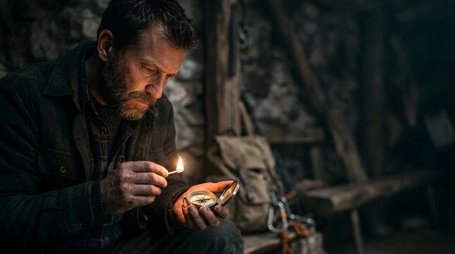 Bearded man using a match to check a vintage compass in a dark room