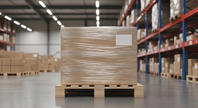 Large cardboard box wrapped in plastic film on a wooden pallet in a warehouse