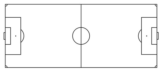 Transparent png of soccer field layout with black background marked pitch lines center circle and goal areas for football sport game design template and overlay aerial perspective green grass texture © Diana