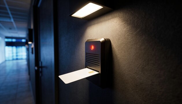 A modern card reader mounted on a wall in a dimly lit corridor. The device has a red light and an ejected card, indicating access control.