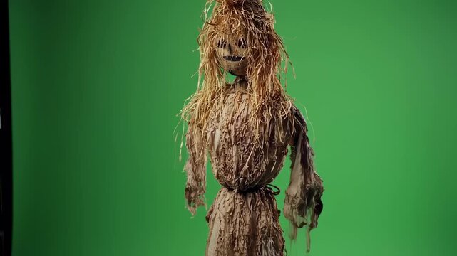 Straw figure with green background isolated object.