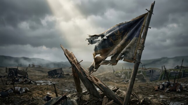 Tattered Flag of a Fallen Kingdom in Desolate War-Torn Landscape