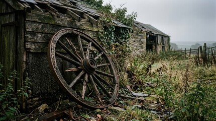 Obraz premium Rustic Wooden Cart Wheel by Abandoned Farm Buildings