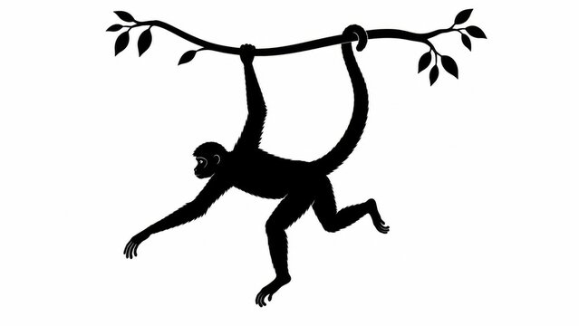 Spider monkey silhouette hanging from a tree branch, black primate vector illustration on white background, wild animal swinging in jungle
