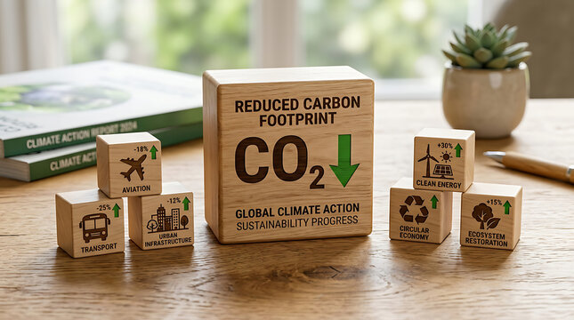 Carbon footprint reduction blocks with sustainability icons during a desk setting