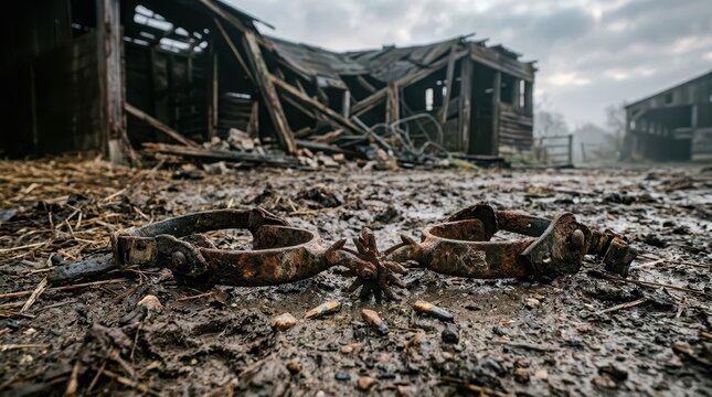 Rusty Cowboy Spurs with Bent Rowels Lying on Muddy Ground Before Ruined Building