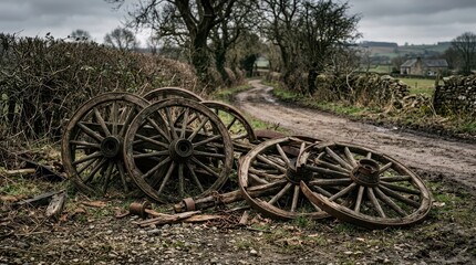 Obraz premium Scattered Antique Wooden Cartwheels on a Rural Dirt Road