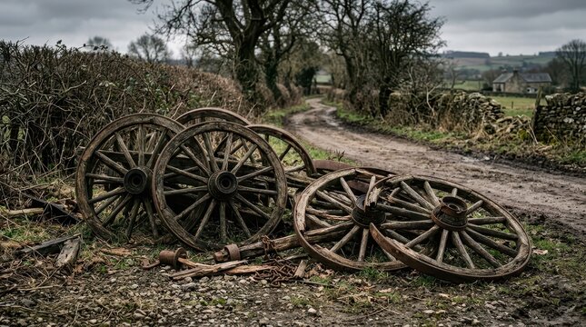 Scattered Antique Wooden Cartwheels on a Rural Dirt Road