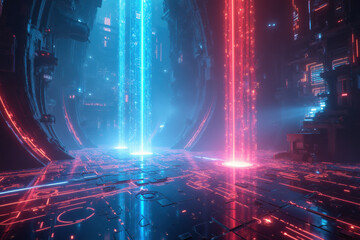 Fototapeta premium Futuristic sci fi interior with glowing red and blue light beams