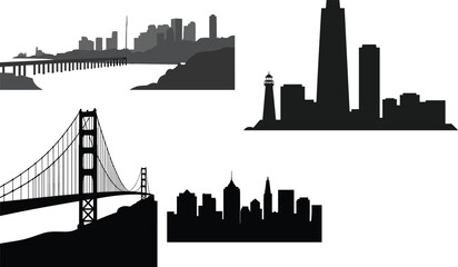 Naklejka premium Black silhouette illustrations of iconic city skylines featuring bridges, towers, lighthouses, and skyscrapers representing diverse urban architecture and design concepts