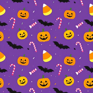 Seamless Halloween pattern with cute pumpkins bats and candy on purple