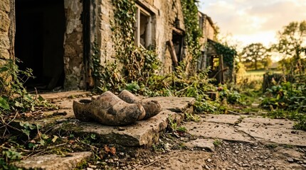 Fototapeta premium Worn Wooden Clogs Left on Stone Steps by Abandoned Farmhouse