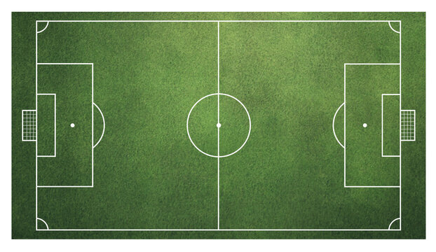 Top view of a transparent png green football soccer field pitch with white lines and markings playing field sports athletic outdoors recreation lawn texture overlay well kept team sport aerial empty