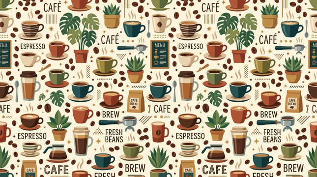 Flat vector seamless coffee pattern, espresso cups, coffee beans and modern cafe aesthetic

