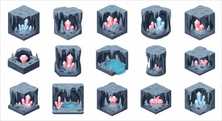 Fototapeta premium Collection of isometric cave entrances with glowing crystals and water elements.