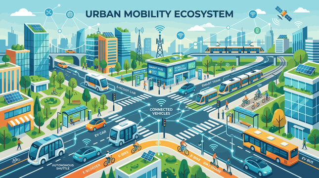 Flat vector smart transportation illustration, connected vehicles, urban mobility ecosystem

