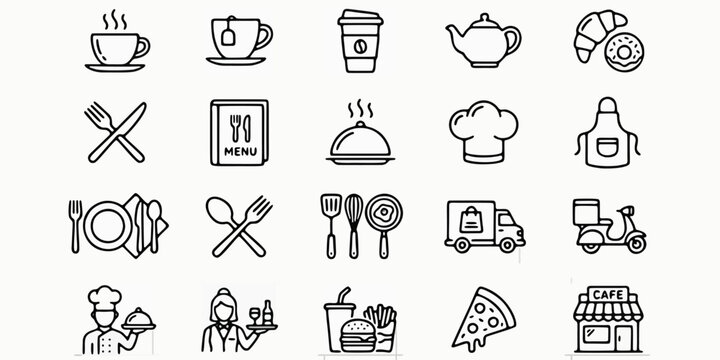 A collection of thin line icons for food and beverage services including kitchen tools and restaurant dining supplies