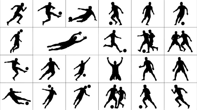 Set of varied soccer player silhouettes in action poses, including running, kicking, tackling, dribbling, heading, and goalkeeping, arranged in a grid-like composition on a solid white background, fla