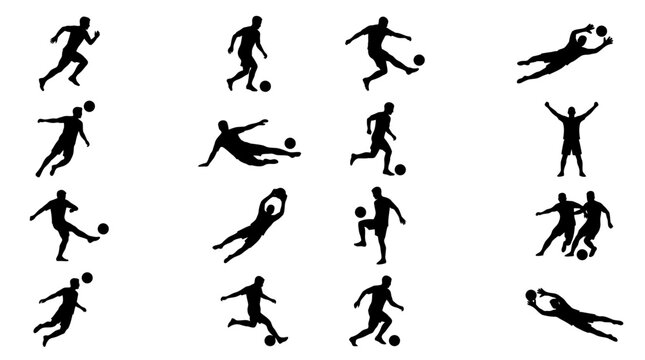 Set of varied soccer player silhouettes in action poses, including running, kicking, tackling, dribbling, heading, and goalkeeping, arranged in a grid-like composition on a solid white background, fla