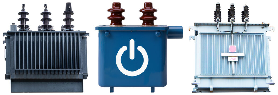 Three electrical transformers isolated on a white background