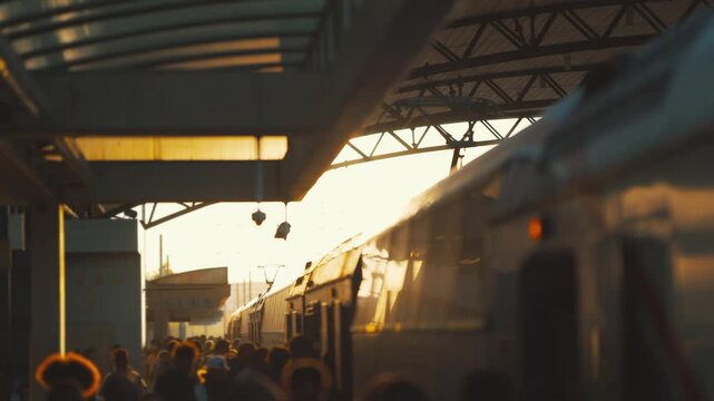 Crowd gathers at train station during sunset for evening travel and connections