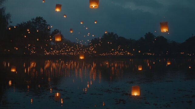 Floating lanterns over a tranquil lake at night.  Many glowing lanterns released into the darkening sky. Reflections on the water