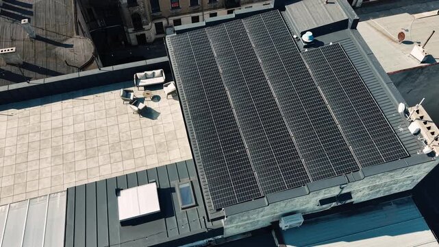 Architectural detail of a solar panel array on a roof