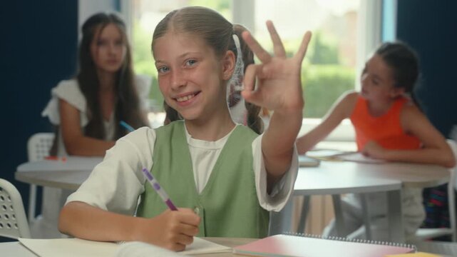 Caucasian child kid girl schoolgirl writing homework studying showing ok sign okay gesture study success pupil smile daughter write satisfied with primary elementary education in school class smiling