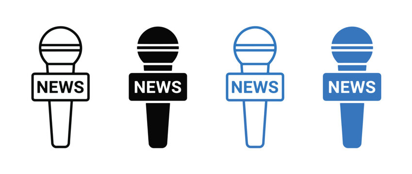 News microphone icon set. Journalism and media concept. Reporter mic symbol in line, glyph and colored styles. Vector illustration. Adobe Illustrator Artwork