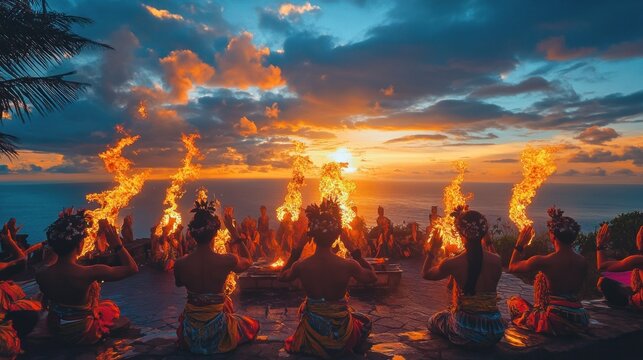 Ceremony by the ocean at sunset.  Ritual fire dancers