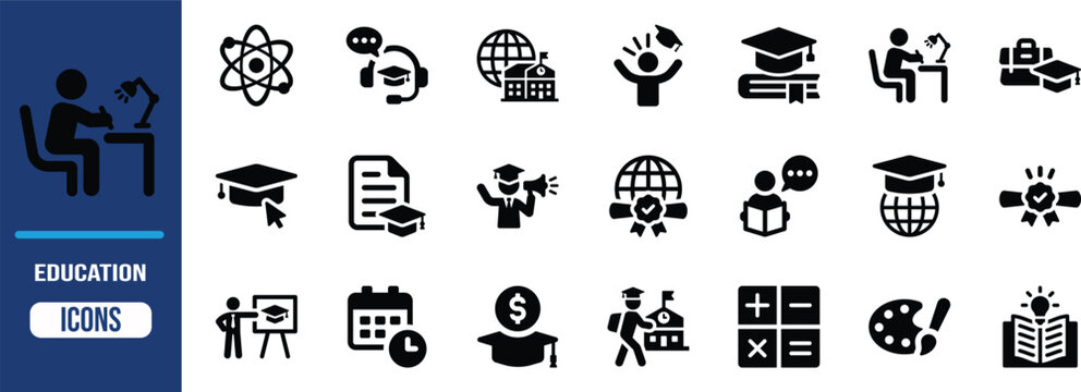 Education and learning vector icons. graduation cap icon set, book icon set, student icon set