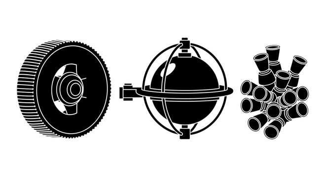 Black and white illustration of a gear and a pipe fitting on white background