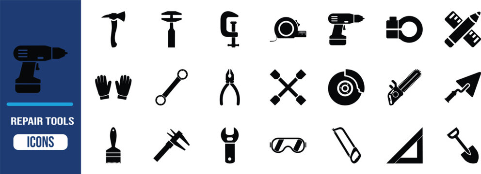 Assorted work tools vector graphics. drill icon set, wrench icon set, tape measure icon set