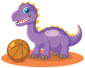 Friendly Purple Dinosaur Character Playing with a Basketball on White Background © brgfx