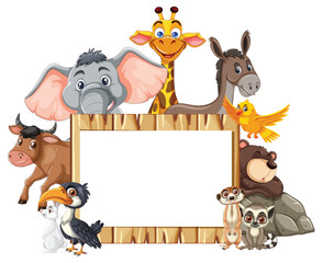 Fototapeta premium Cartoon Jungle Animals Surrounding Wooden Blank Sign Frame