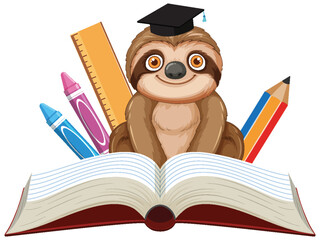Fototapeta premium Cute Sloth Character Wearing Graduation Cap with School Supplies and Book