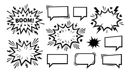 Comic speech bubbles and explosion bursts vector set with blank chat clouds and boom text for graphic design © Artastic