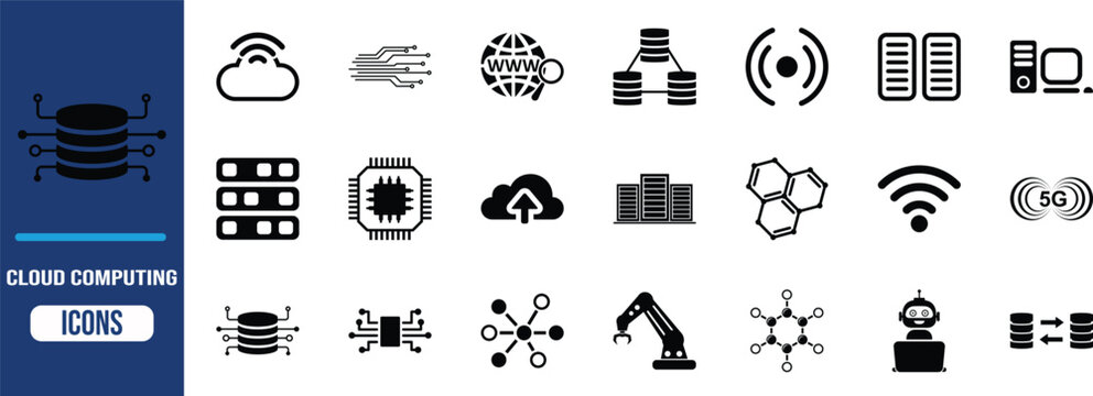Cloud computing data network technology. cloud icon set, server icon set, microchip icon set