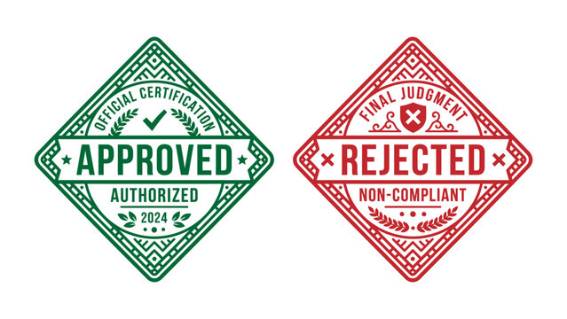 Green approved and red rejected diamond shaped stamp vector icons for official certification and quality control compliance