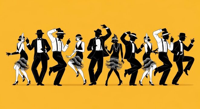 Vintage 1920s Gatsby Style Party Illustration with People Dancing in Flapper Dresses and Suits on Yellow Background