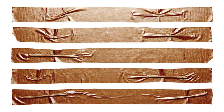 Five strips of brown adhesive tape with wrinkled texture and messy edges arranged in horizontal parallel rows