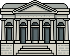 Fototapeta premium Flat of a neoclassical building with columns, pediment, and front steps, featuring a gray and dark blue color palette