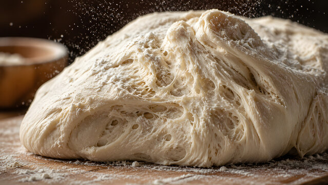 Raw sourdough bread dough with flour dusting on a wooden cutting board